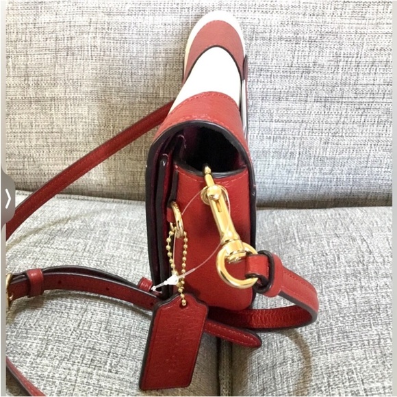 Coach Ellen Half Moon Red & White Striped Genuine Leather Crossbody Bag - Picture 5 of 10